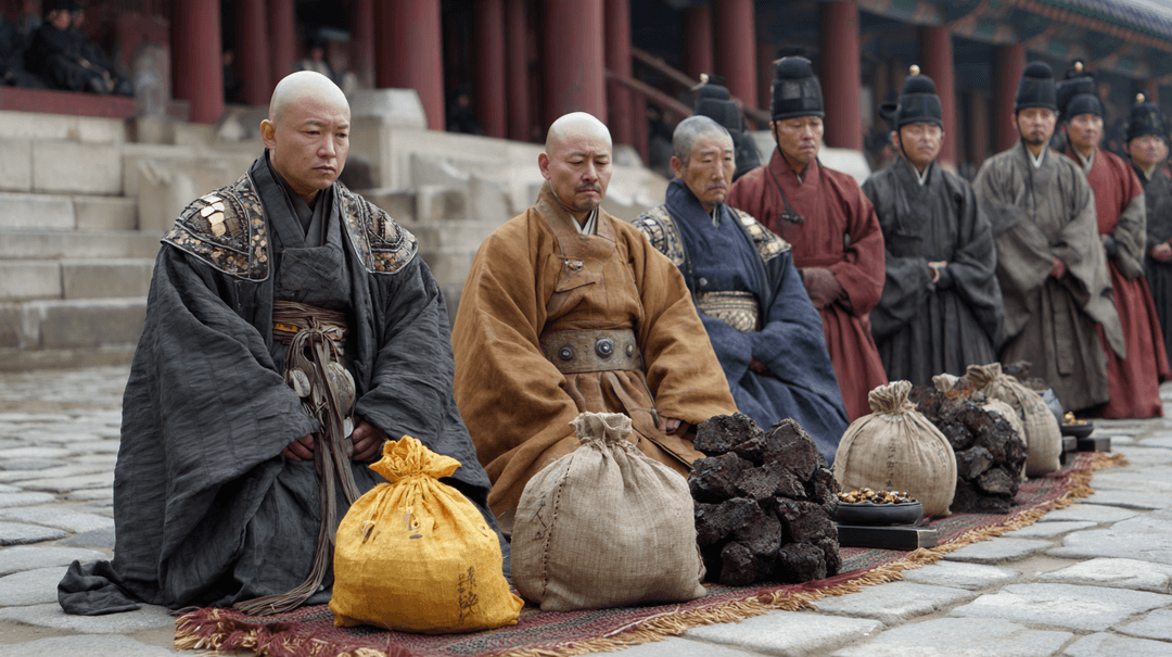 조선 궁궐 마당에서 삭발한 일본 승려 사신들이 유황 자루와 침향 덩어리를 앞에 두고 앉아 있고, 뒤로 관복 차림의 조선 관리들이 서 있는 모습